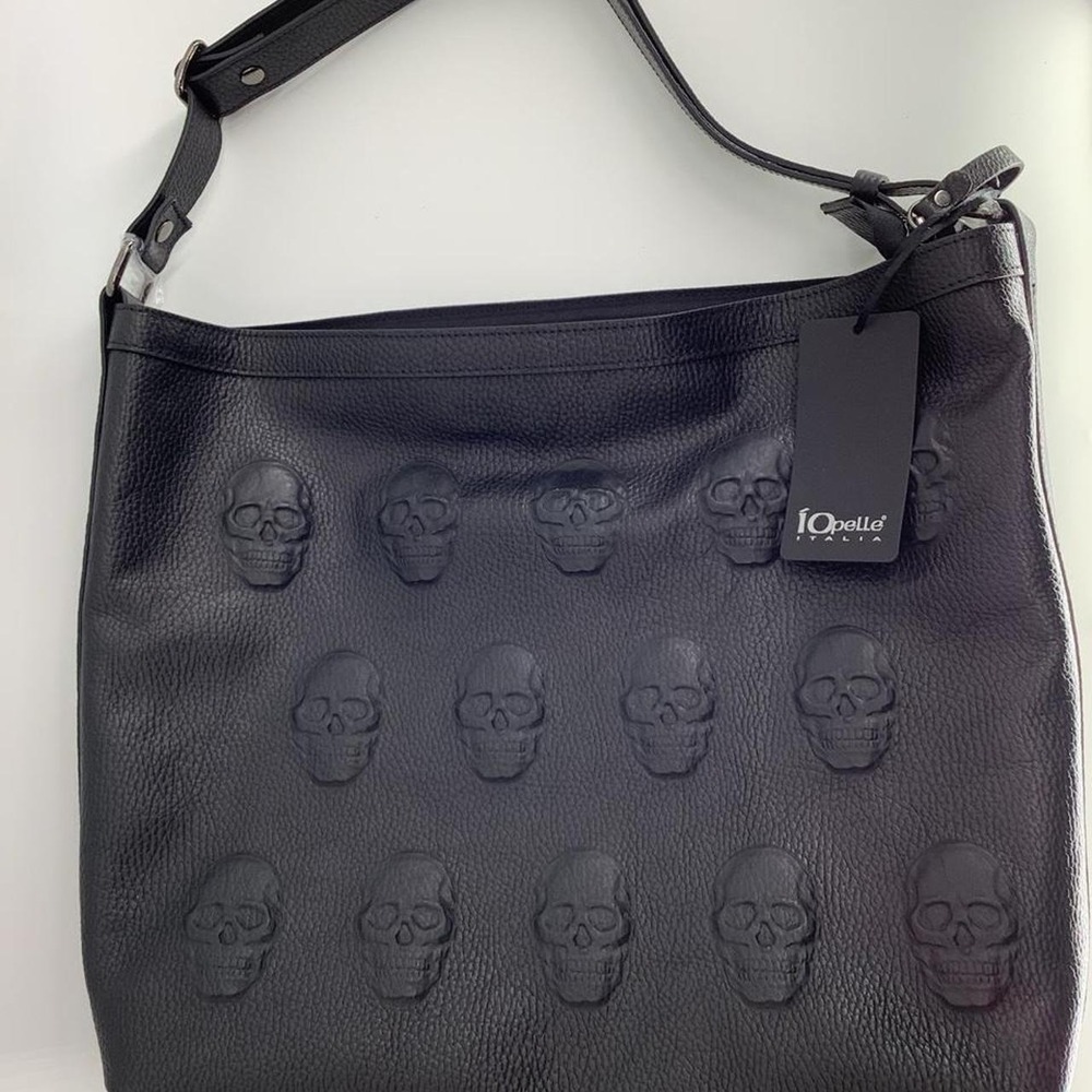 IO PELLE Italia Black Leather Embossed Skull Shoulder Bag Hobo NWT